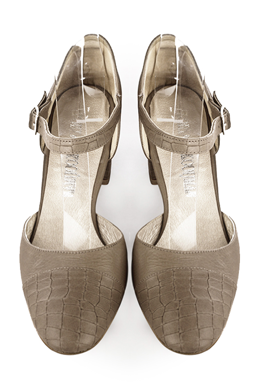 Bronze beige women's open side shoes, with an instep strap. Round toe. Medium block heels. Top view - Florence KOOIJMAN